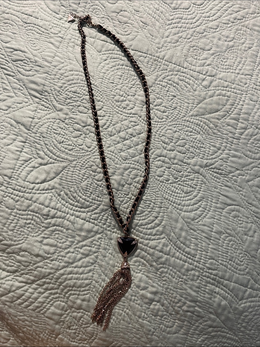 Guess Rose Gold Chain Necklace with Black Heart and Tassel